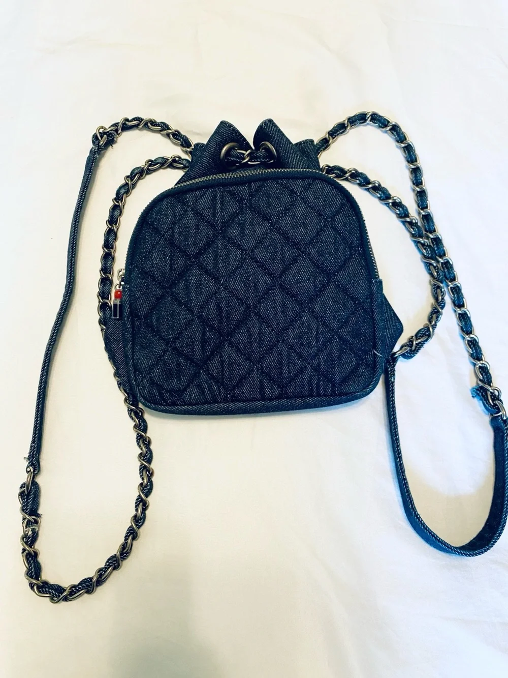 Zara Quilted Denim Mini Backpack Bag Purse Chain Straps Lipstick detail EUC